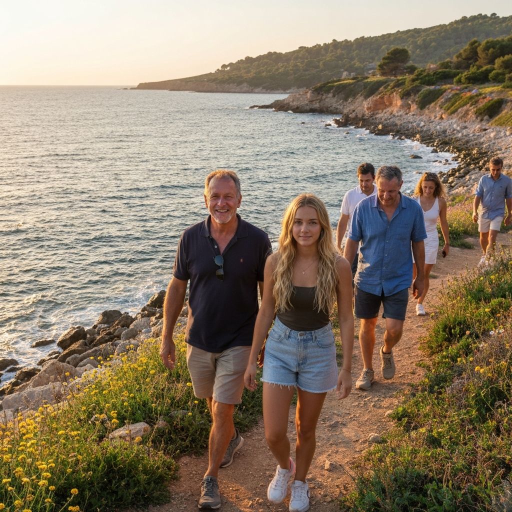 People walking on Mediterranean coast during sunset